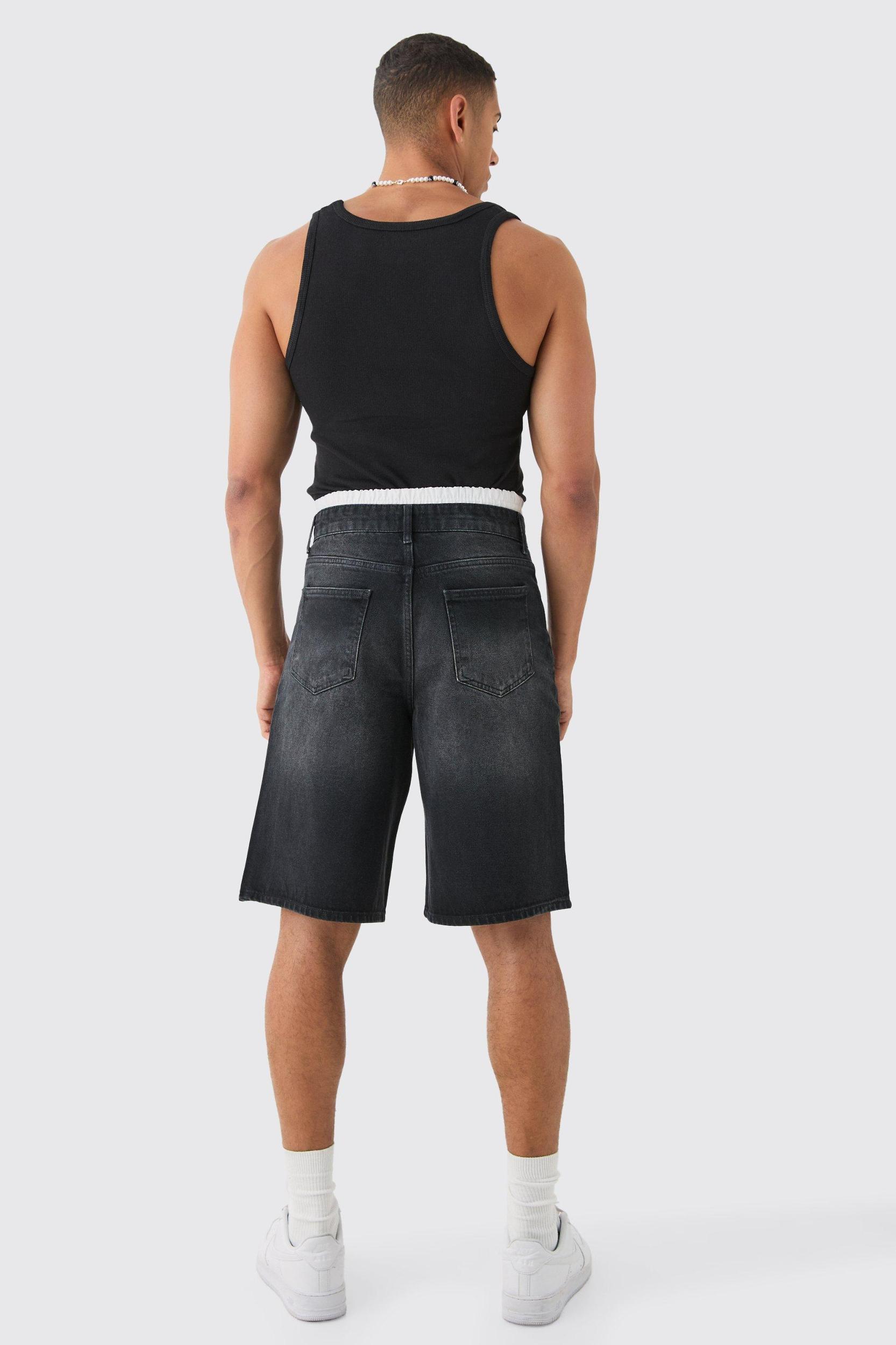 Double Waist Band Denim Jorts In Black | boohooMAN USA Product Image