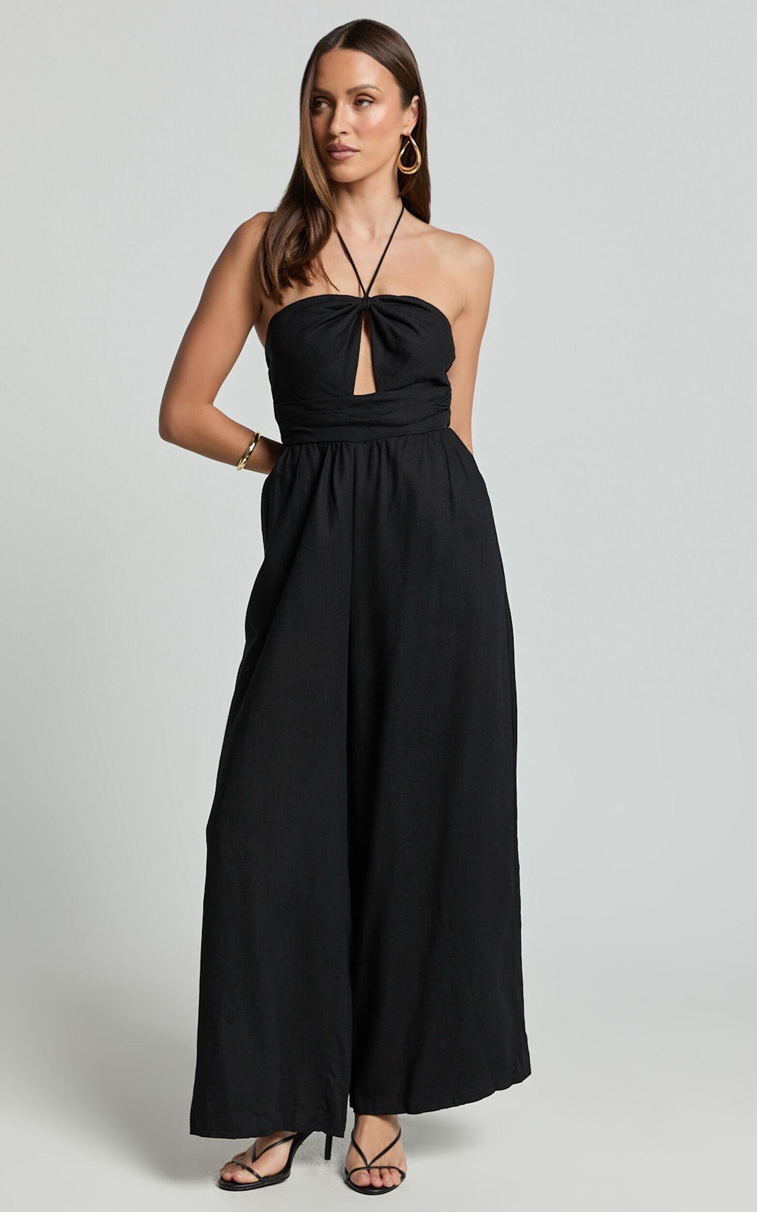 Isla Jumpsuit - Linen Halter Neck Jumpsuit in Black Product Image
