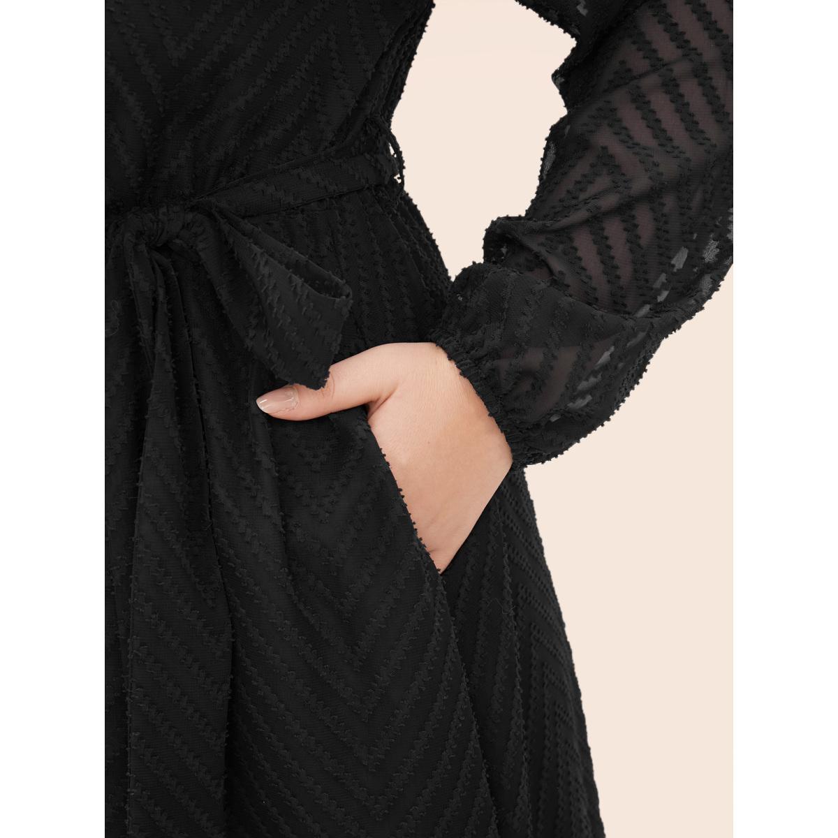 Plus Size Solid Geometric Pocket Mesh Lantern Sleeve Belted Dress Navy Women Office Pocket Flat collar with V-notch Short sleeve Curvy Midi Dress BloomChic 22-24/3X Product Image