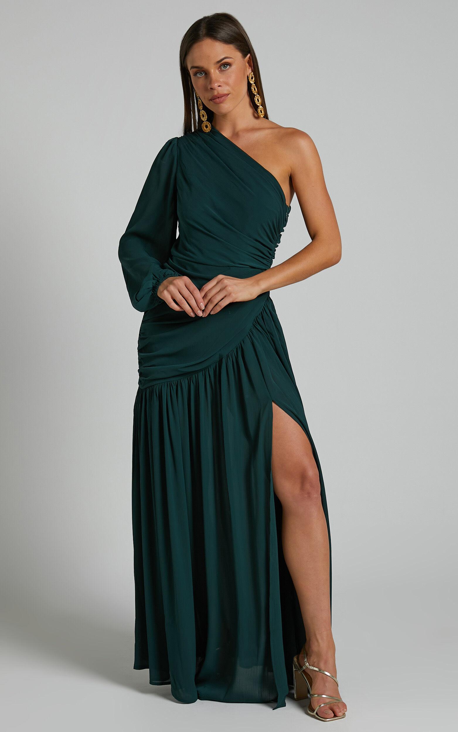 Grittah Midi Dress - One Shoulder Bishop Sleeve High Split Ruched Dress in Emerald Product Image