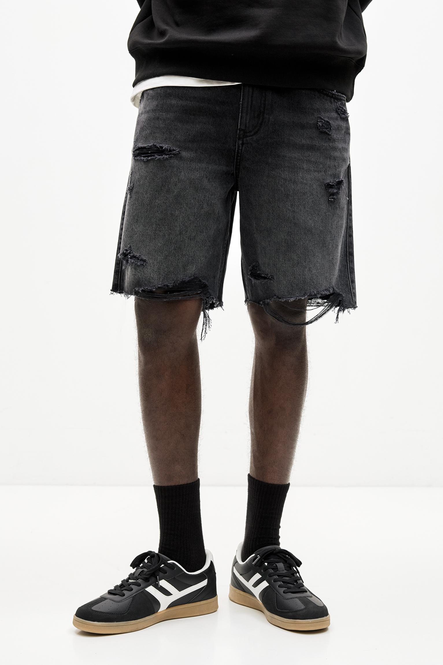 Ripped straight fit denim Bermuda shorts Product Image