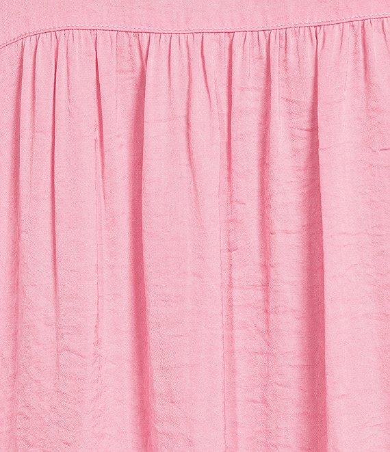 Gibson & Latimer Moonshadow Satin Split Round Neck Dropped Short Roll Tab Sleeve Hi-Low Shirttail Blouse Product Image