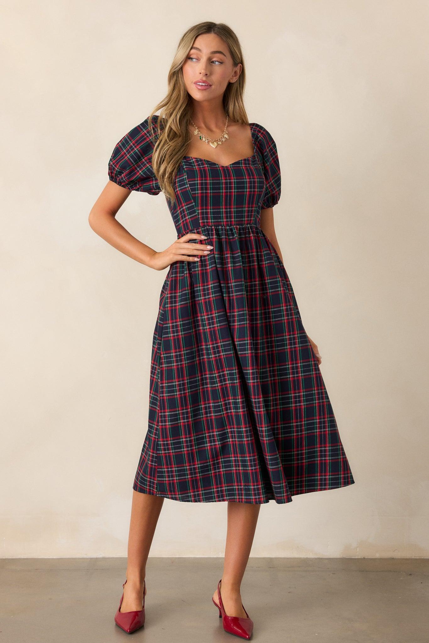 Always You Cotton Navy Plaid Puff Sleeve Midi Dress Product Image