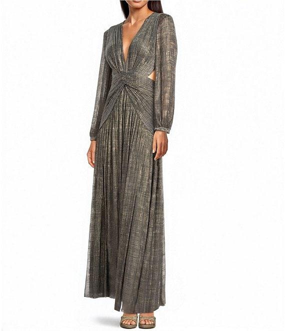 Gianni Bini Hazel Metallic Chiffon V-Neck Long Sleeve Cut Out Dress Product Image