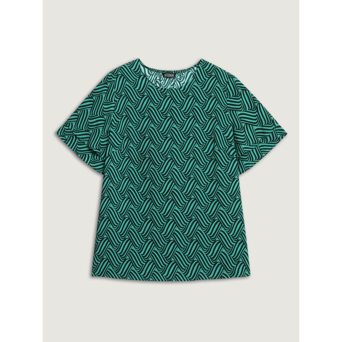 Plus Size Cyan Rayon Geometric Print Layered Sleeve Blouse Women Office Short sleeve Round Neck Office Blouses BloomChic 12/L Product Image