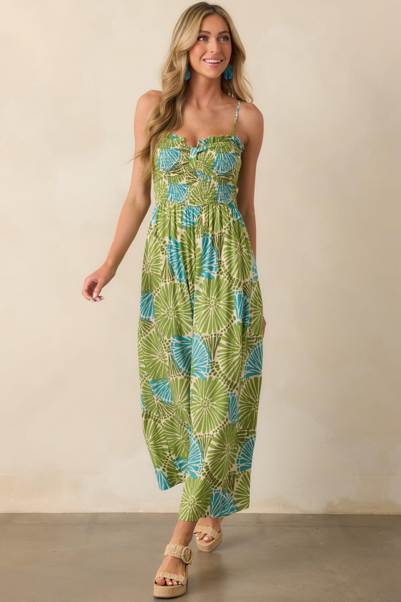 Something Light And Easy Green Floral Linen Blend Jumpsuit Product Image