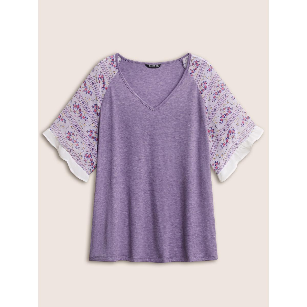 Plus Size Ditsy Floral Patchwork Frill Trim Raglan Sleeve T-shirt Purple Women Elegant Contrast Ditsy Floral V-neck Everyday T-shirts BloomChic 10/M Product Image