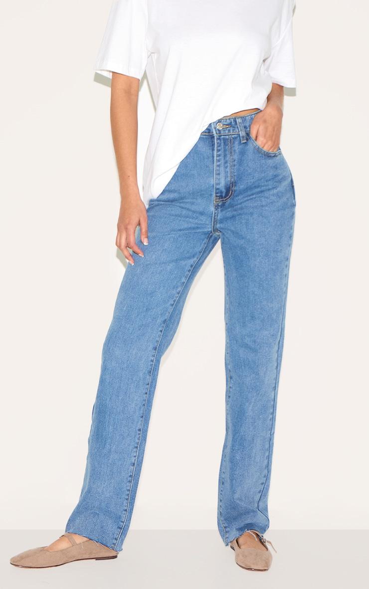 Mid Blue Wash Raw Hem Straight Leg Jean Product Image