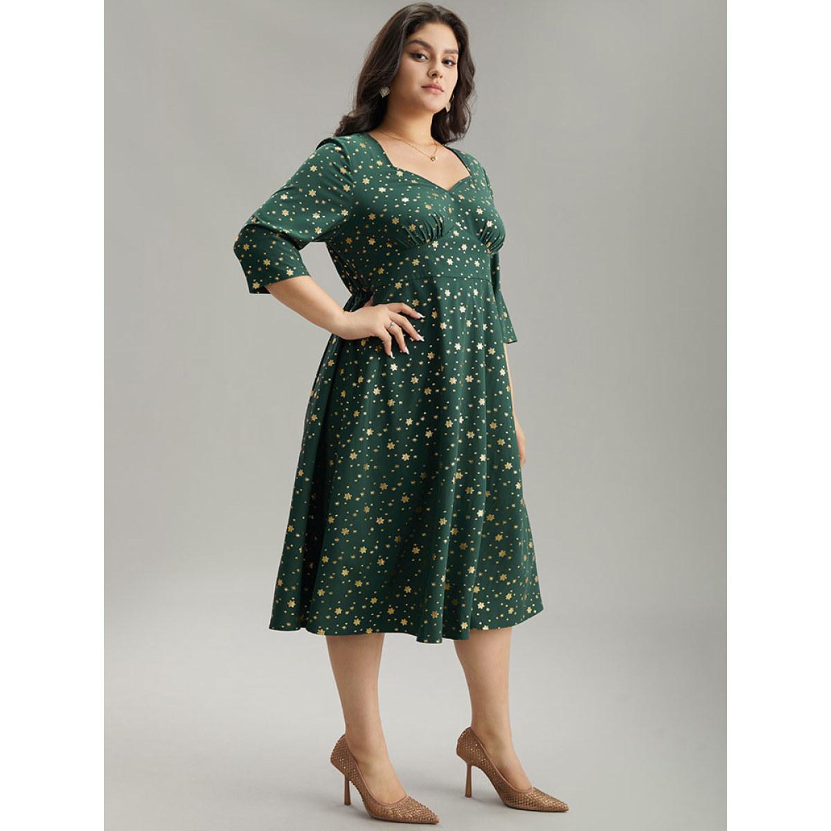 Plus Size Star Glitter Square Neck Gathered Dress DarkGreen Women Party Printed Square Neck Elbow-length sleeve Curvy Midi Dress BloomChic 18-20/2X Product Image