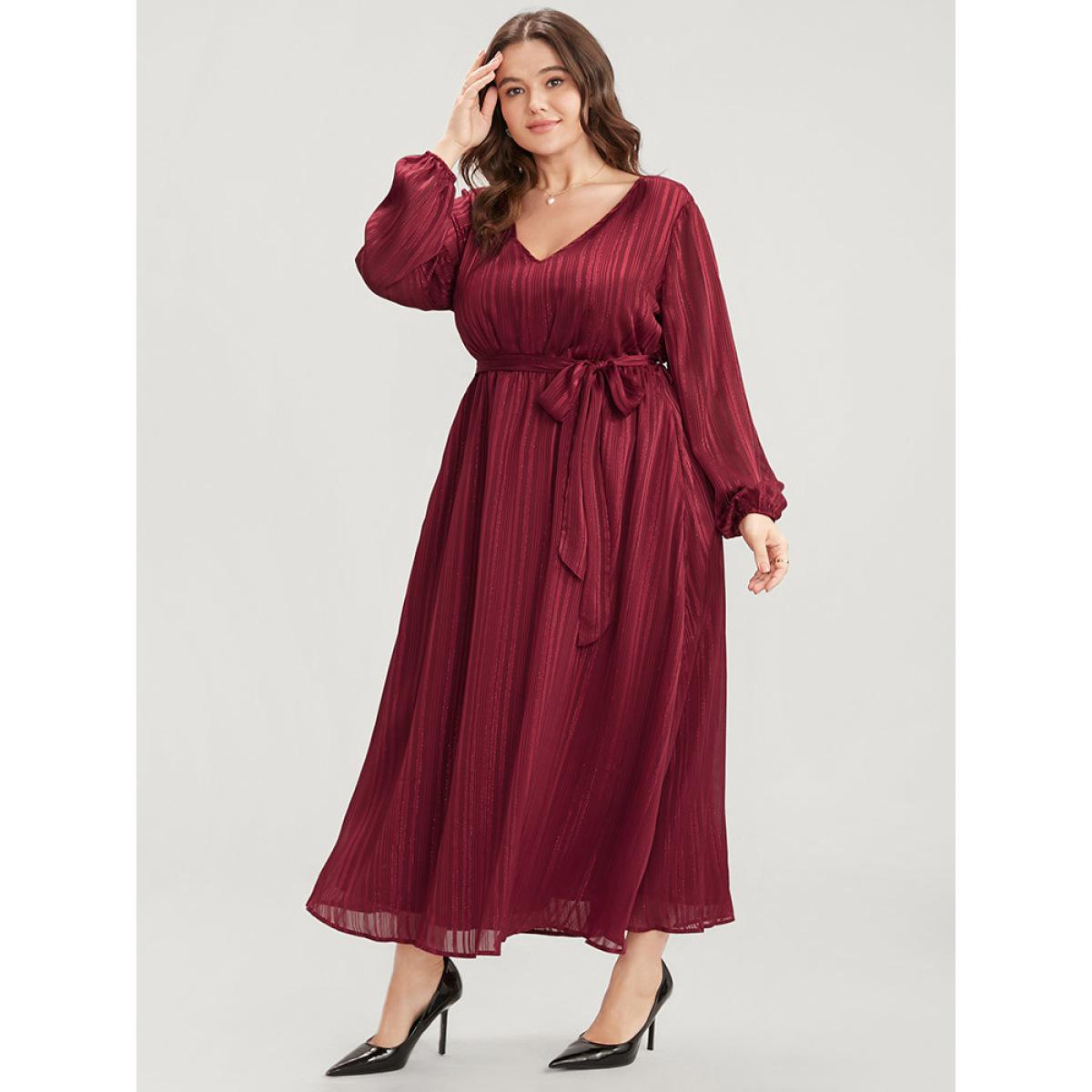 Plus Size Solid Pocket Lantern Sleeve Belted Sequin Dress Burgundy Women Party Pocket V-neck Long Sleeve Curvy Long Dress BloomChic 22-24/3X Product Image