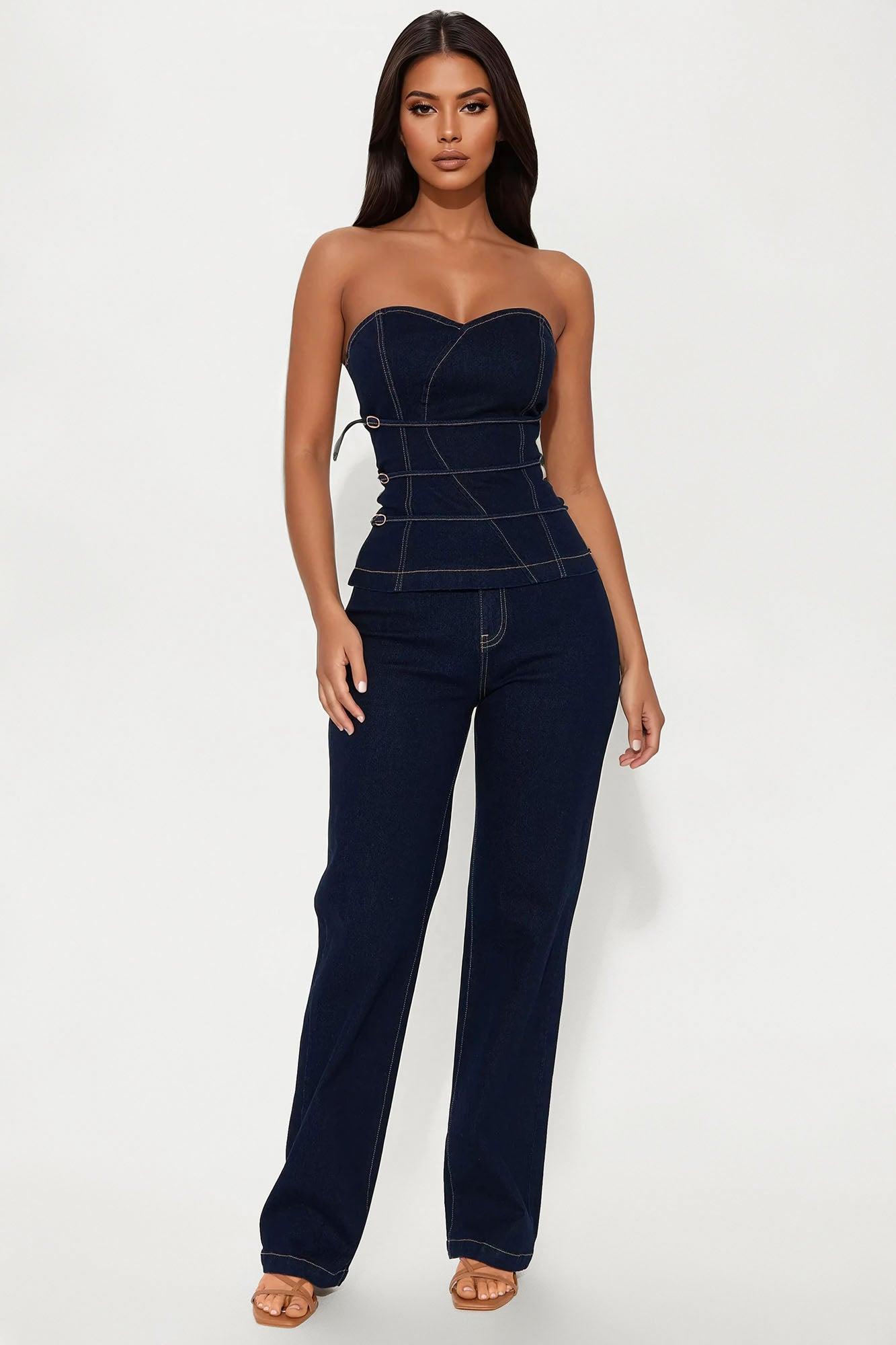 Belt It Down Strapless Denim Pant Set - Dark Wash Product Image