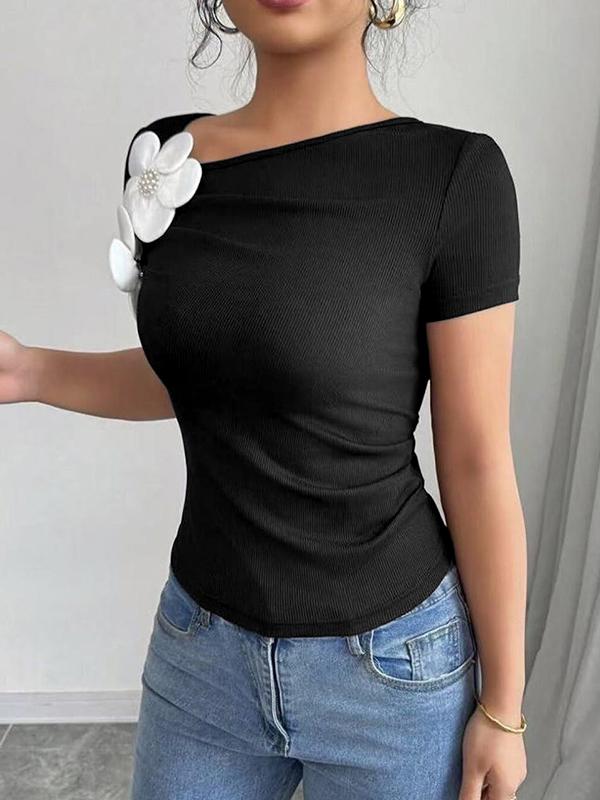Short Sleeves Skinny Pleated Solid Color Three-Dimensional Flower Asymmetric Collar T-Shirts Tops Product Image