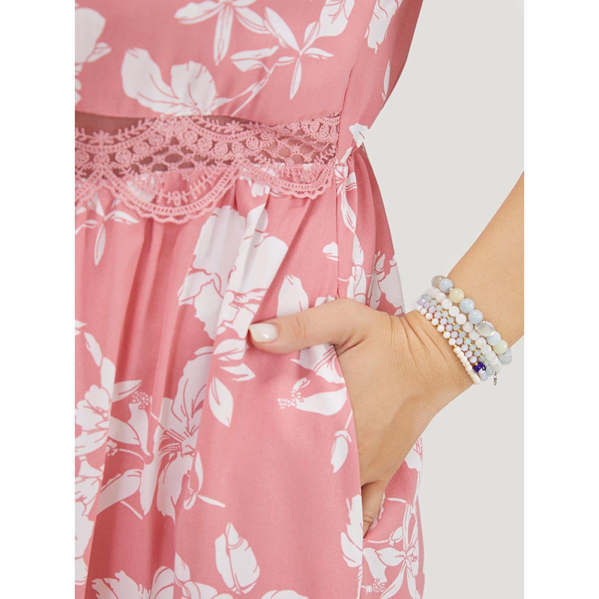 Plus Size Floral Ruffle Hem Pocket Lace Mesh Insert Cami Dress Rouge Women Elegant Adjustable Straps Spaghetti Strap Sleeveless Curvy Midi Dress BloomChic 26/4X Product Image