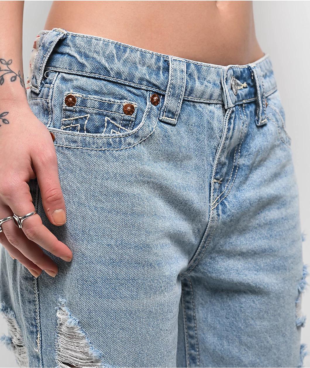 True Religion Bobbi Super Distressed Aqua Marine Mid Rise Baggy Jeans Product Image