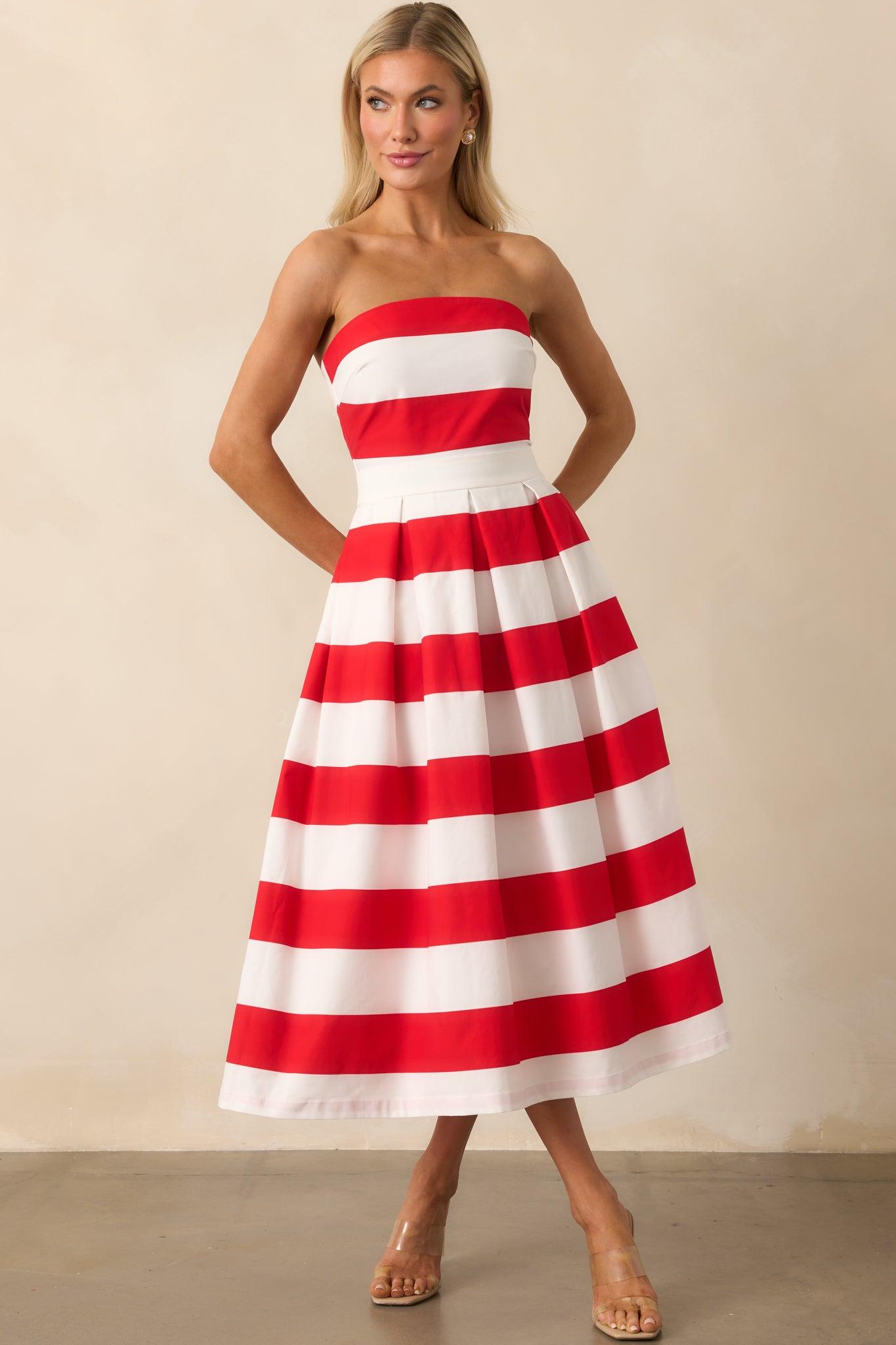 Crisp Contrast Red Stripe Strapless Midi Dress Product Image