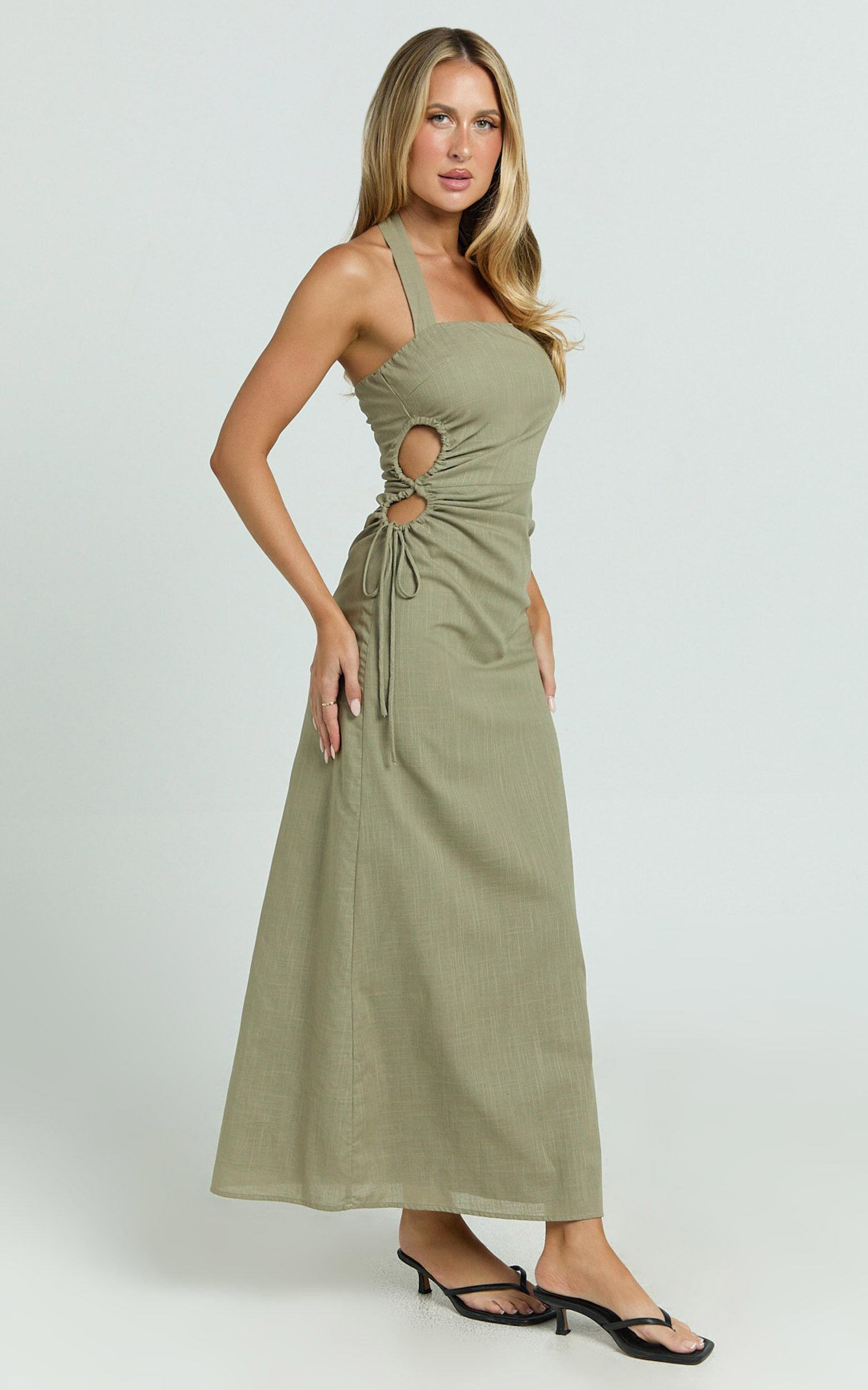 Myra Maxi Dress - Halter Ruched Side Dress in Olive Product Image