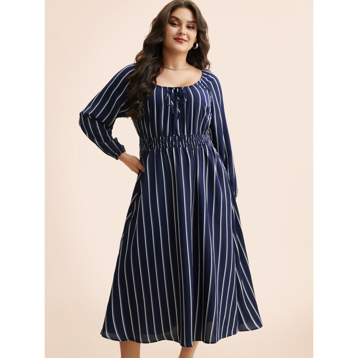 Plus Size Striped Shirred Lantern Sleeve Maxi Dress DarkBlue Women Elegant Tie knot U-neck Long Sleeve Curvy BloomChic 14-16/1X Product Image