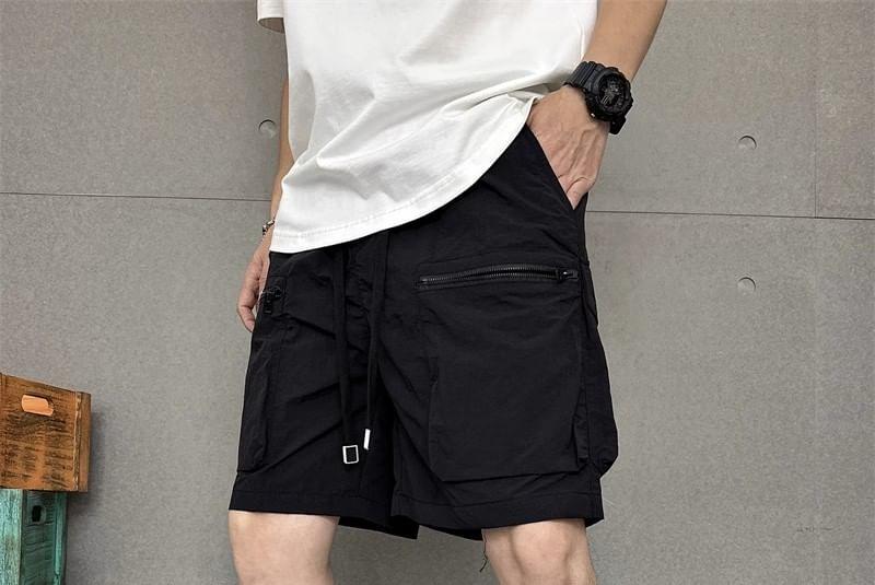 Drawstring Waist Plain Wide Leg Cargo Shorts Product Image