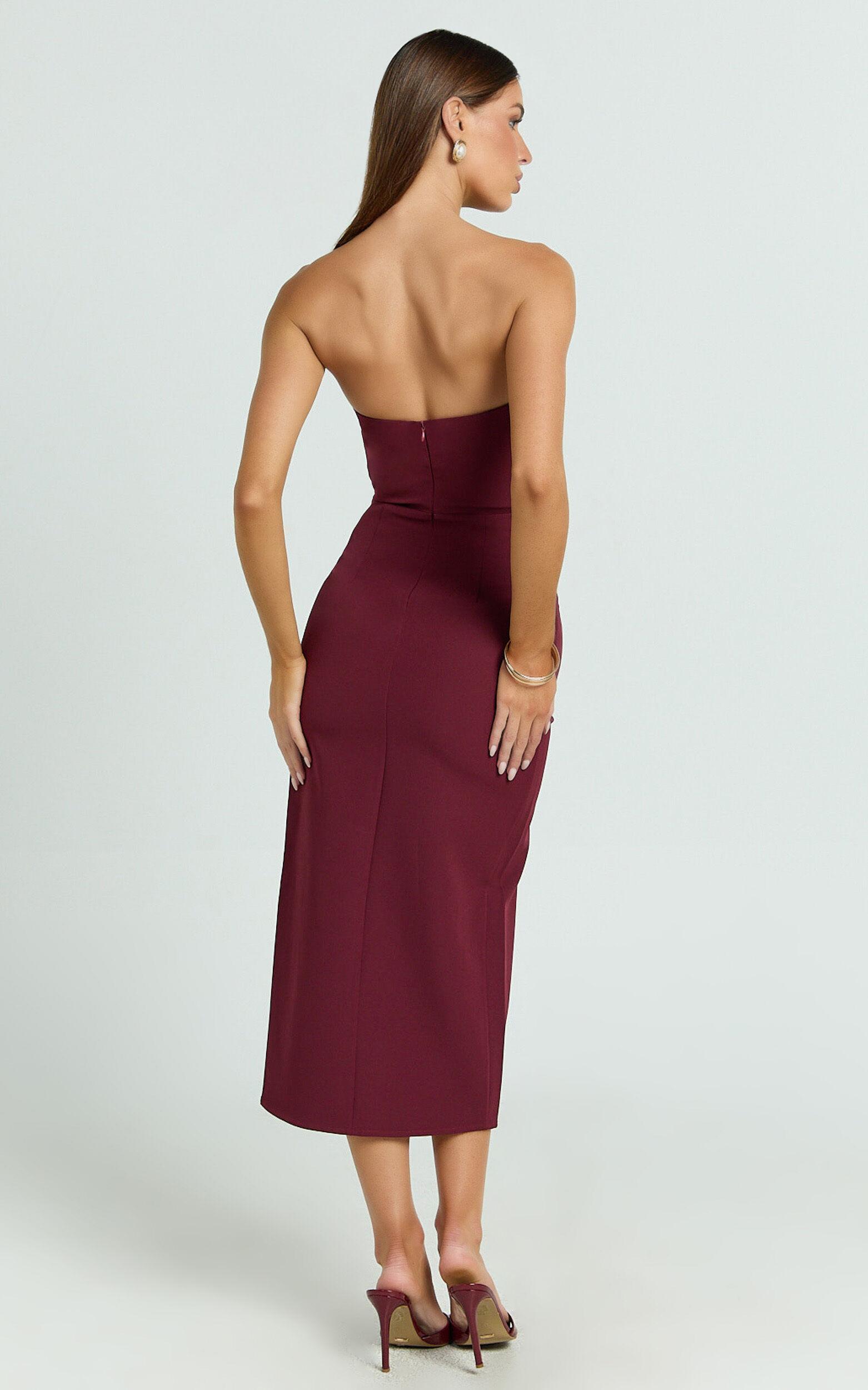 Wilma Midi Dress - Strapless Tailored High Split Dress in Wine Product Image