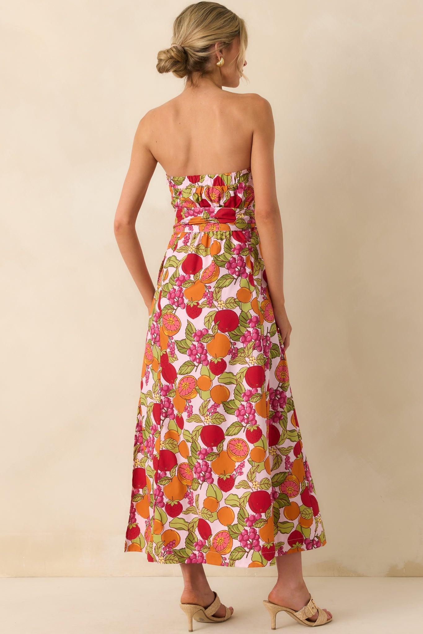 Sweetness To Spare Pink Fruit Print Cotton Strapless Maxi Dress Product Image
