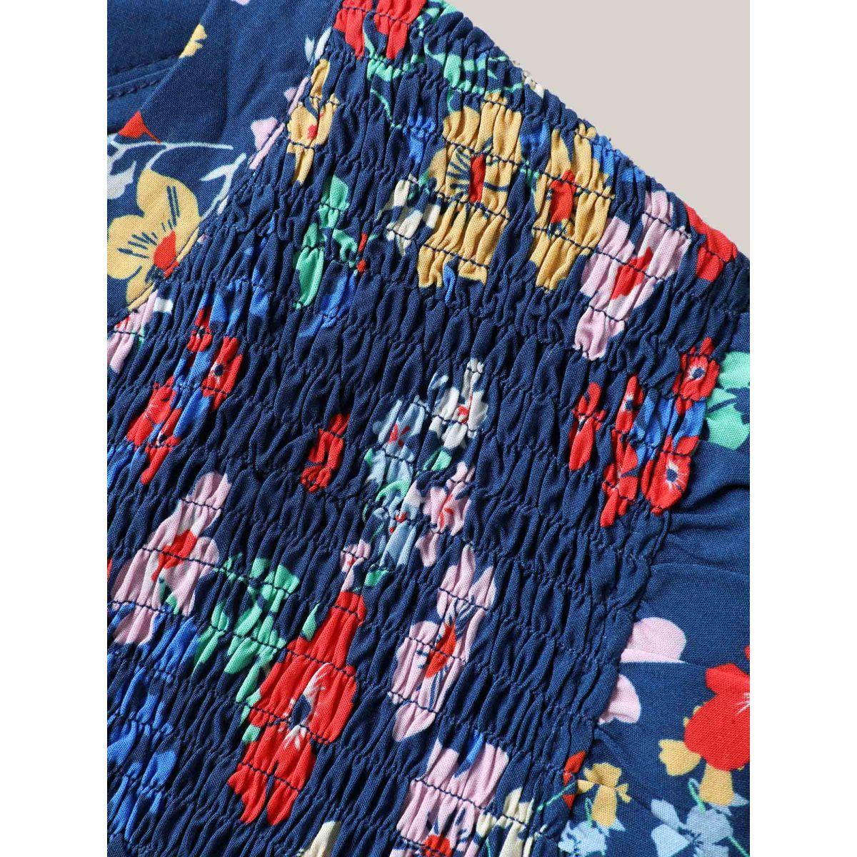 Plus Size DarkBlue Rayon Playful Floral Shirred Blouse Women Cap Sleeve Notched collar Vacation Blouses BloomChic 12/L Product Image