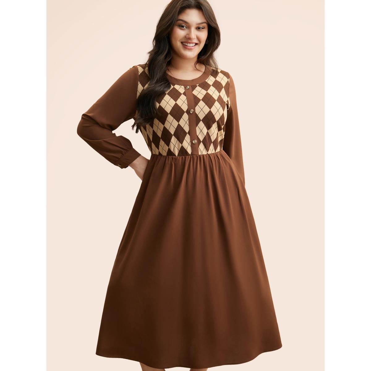 Plus Size Geometric Crew Neck Button Detail Dress Browncoffeecolor Women Elegant Patchwork Round Neck Long Sleeve Curvy BloomChic 12/L Product Image