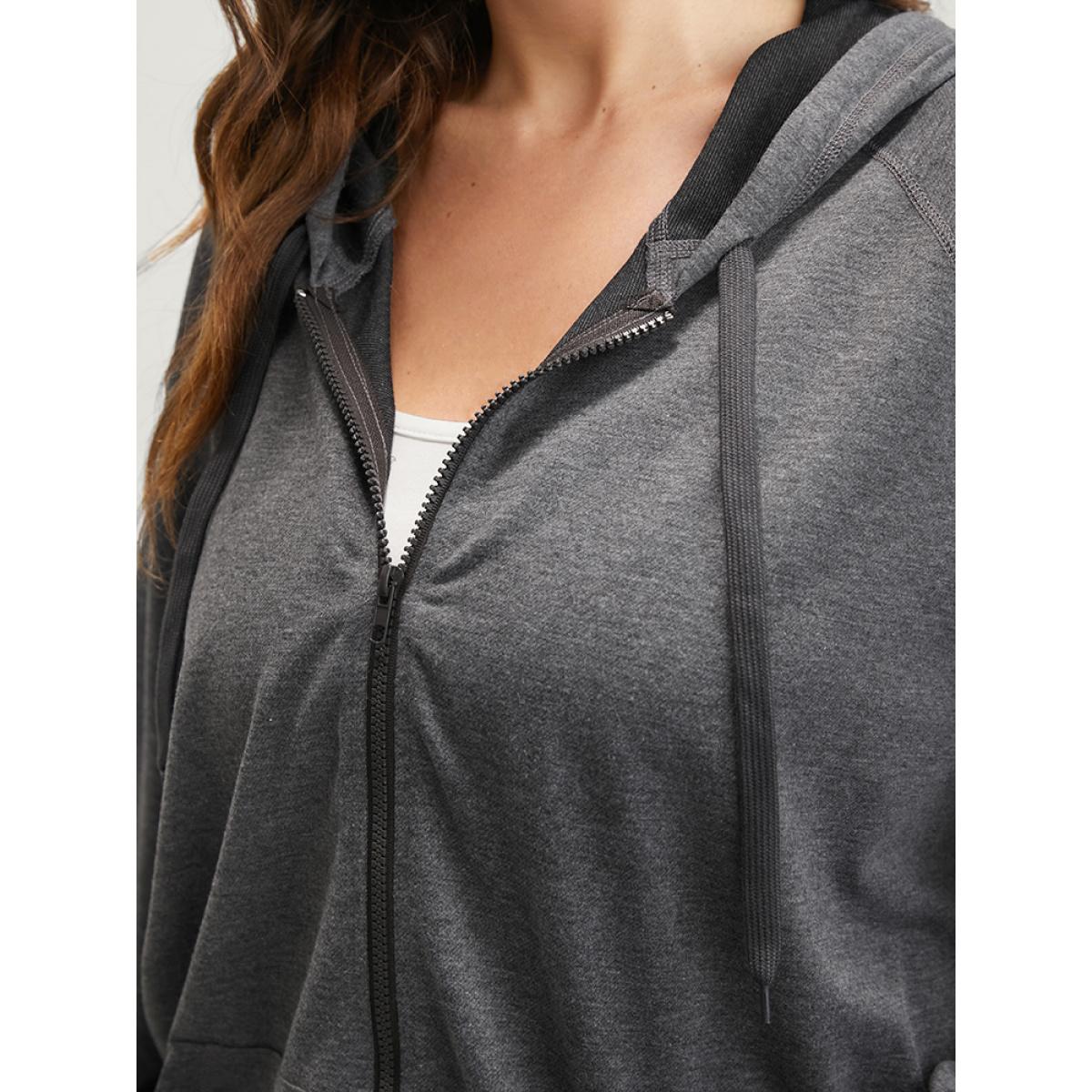 Plus Size Solid Pocket Drawstring Zipper Hooded Sweatshirt Women DimGray Casual Zipper Loose Hooded Dailywear Sweatshirts BloomChic 10/M Product Image