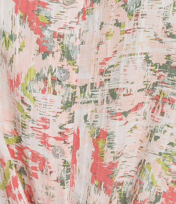 Allison Daley Plus Size Ikat Diamond Print 3/4 Tie Sleeve Y-Neck Button Front Tie-Hem Blouse Product Image