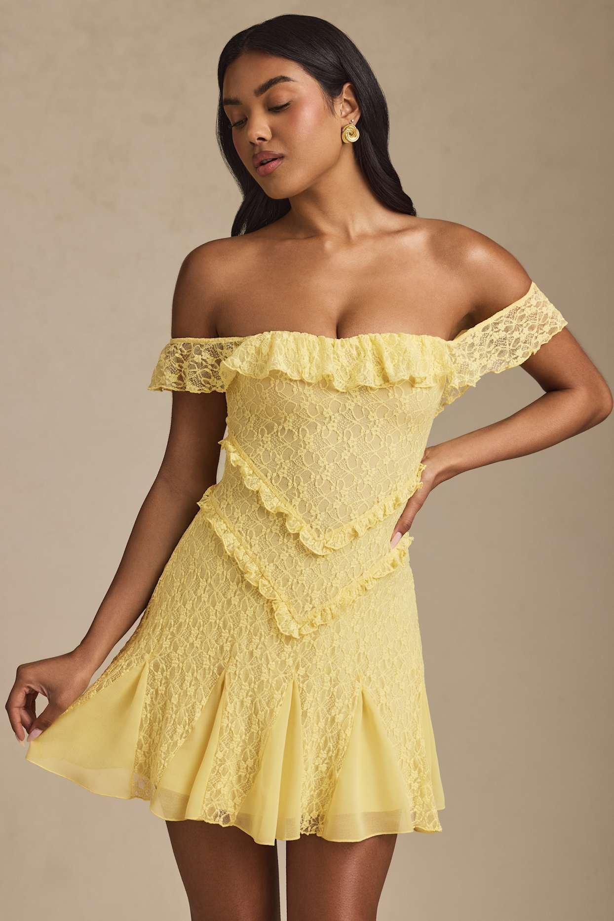 Off-Shoulder Lace A-Line Mini Dress in Pastel Yellow Product Image