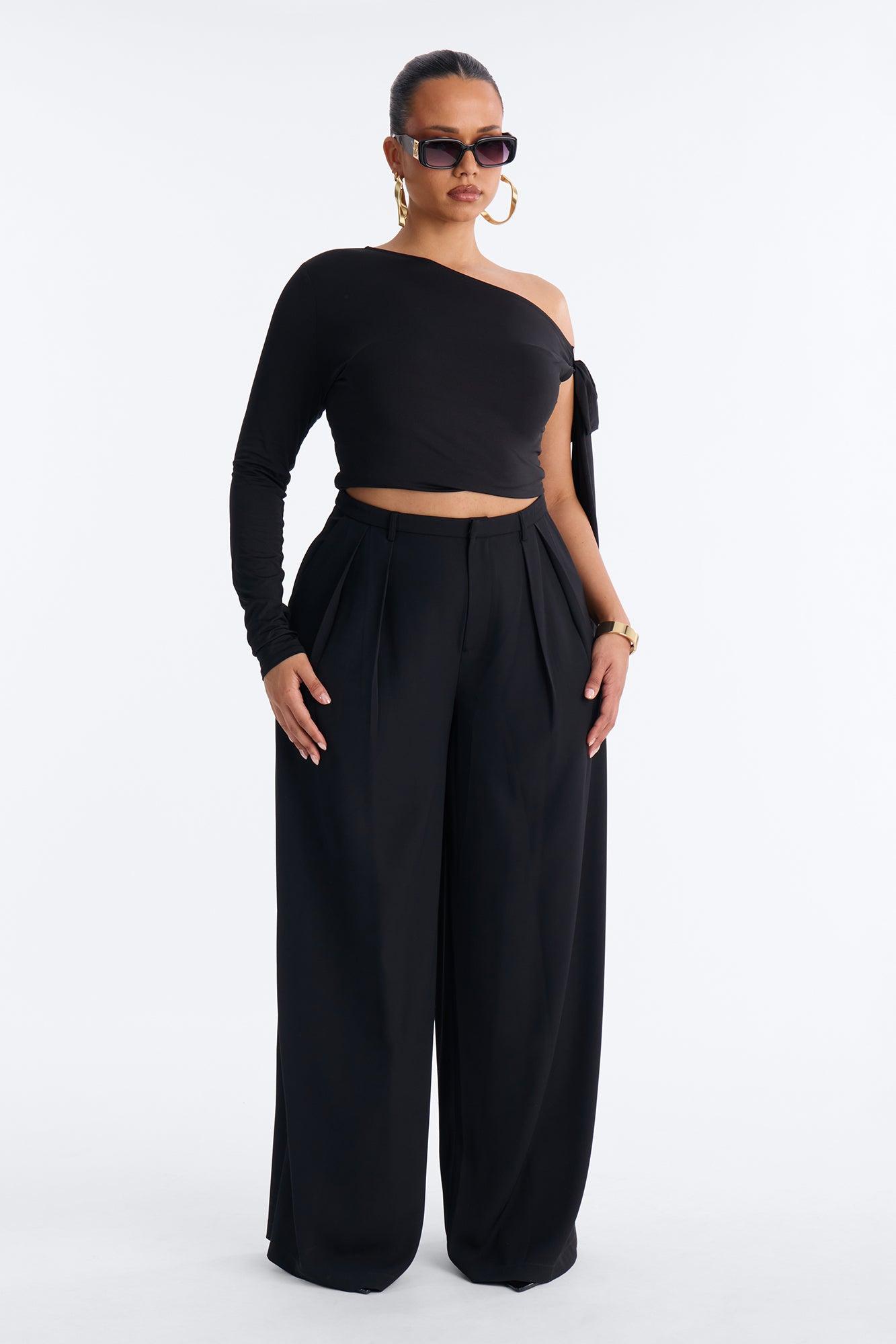 Reese Low Rise Drape Wide Leg Trouser Pant 33″ - Black Female Product Image