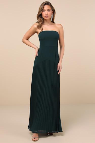 Celebratory Aesthetic Emerald Pleated Strapless Maxi Dress Product Image