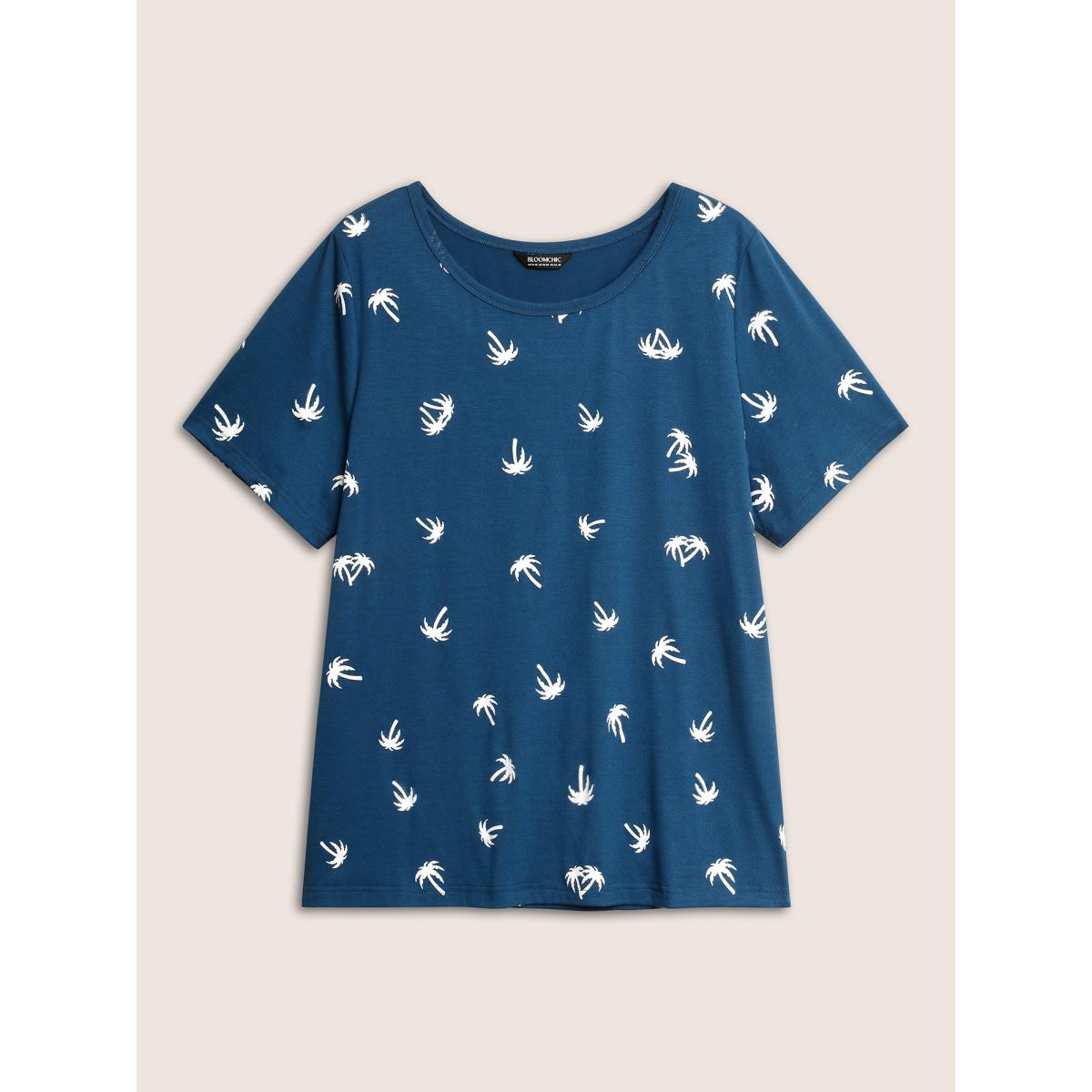 Plus Size Coconut Tree Print Round Neck T-shirt Indigo Women Resort Contrast Natural Flowers Round Neck Vacation T-shirts BloomChic 22-24/3X Product Image
