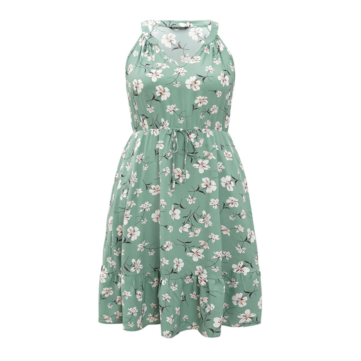 Plus Size Floral Elastic Waist Notched Pocket Ruffles Halter Dress Mint Women Elegant Patchwork Halter neck Sleeveless Curvy Knee Dress BloomChic 30/6X Product Image