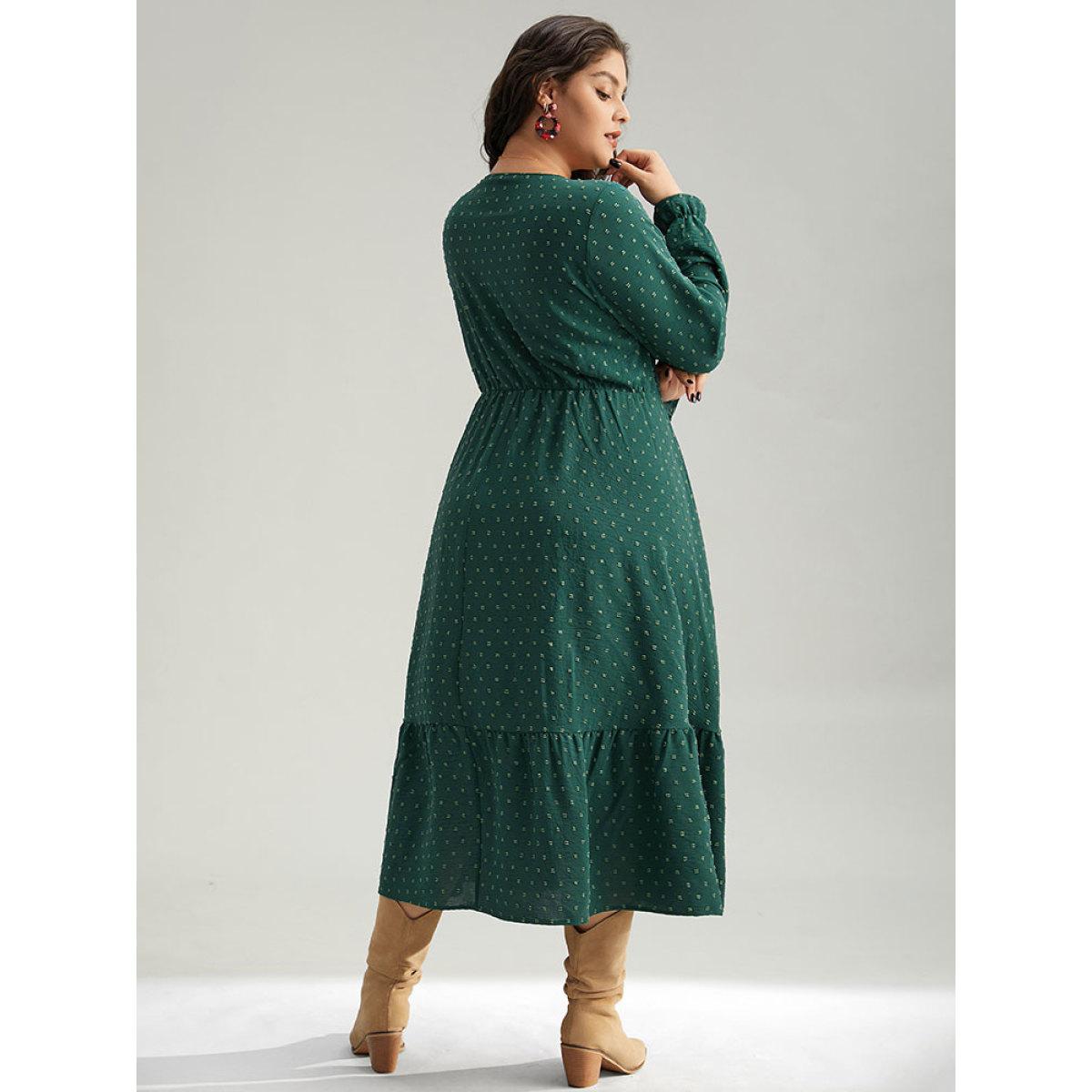 Plus Size Plisse Polka Dot Pocket Layered Hem Dress DarkGreen Women Elegant Texture Round Neck Long Sleeve Curvy Midi Dress BloomChic 12/L Product Image