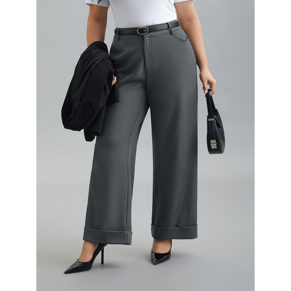 Plus Size Stretchy-Waist Roll Hem Pants Women DimGray Workwear Essentials Bootcut Mid Rise Work Pants BloomChic 18-20/2X Product Image