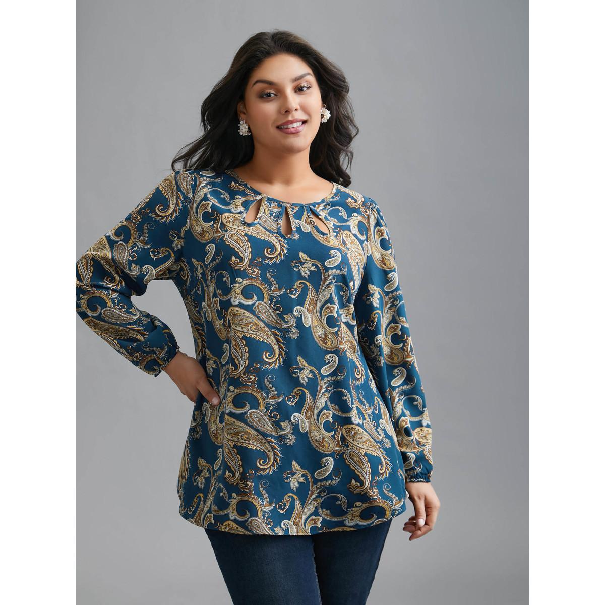 Plus Size Aegean Round Neck Paisley Cut Out Blouse Women Elegant Extra Long Sleeve Round Neck Everyday Blouses BloomChic 10/M Product Image