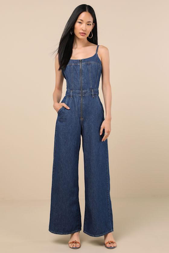 Bustier Dark Wash Zip-Front Wide-Leg Jumpsuit Product Image