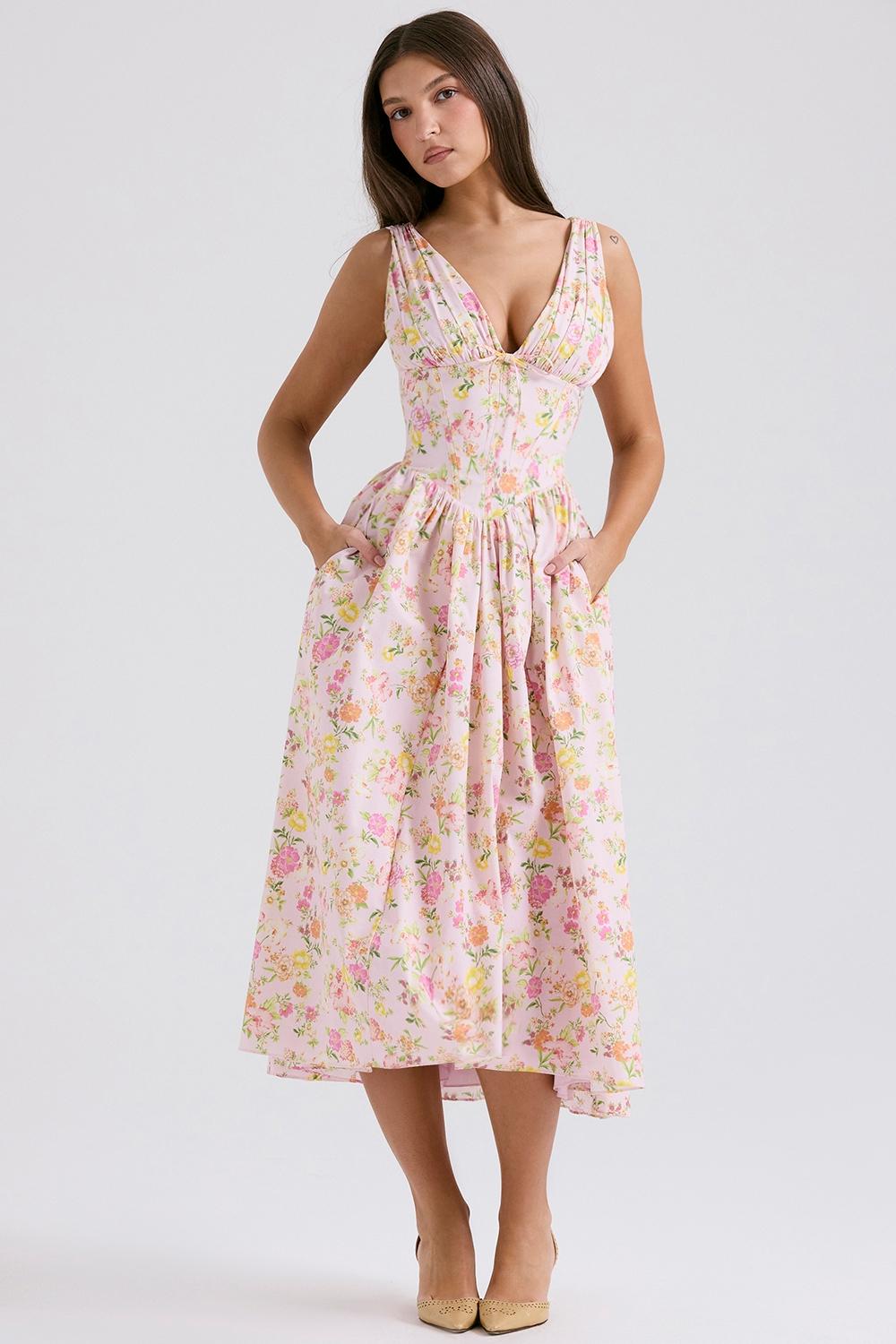 Emmelina  pink meadow print cotton corset sundress Product Image