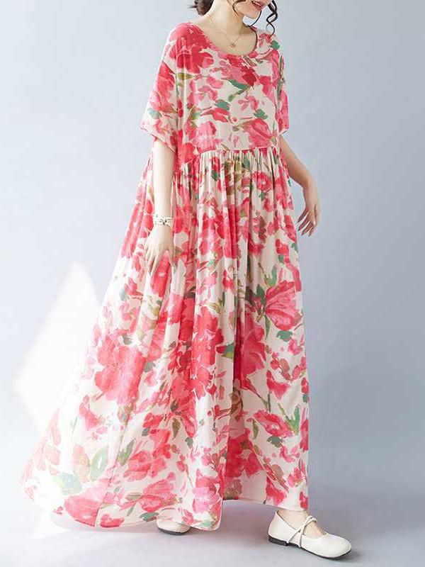 A-line Batwing Sleeves Flower Print Pleated Split-Joint Round-neck Midi Dresses Product Image