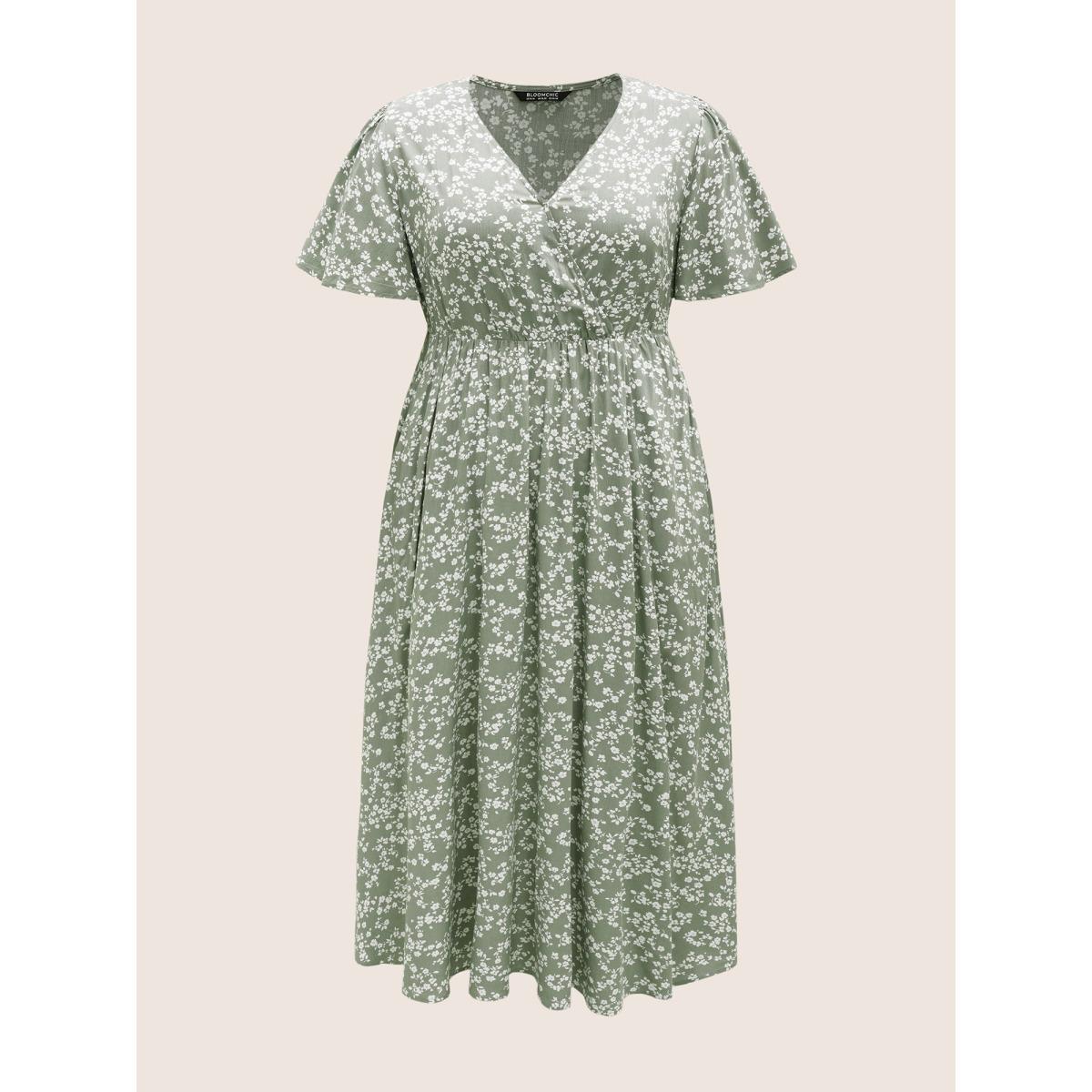 Plus Size Bloom Dress - Flutter Sleeve Ditsy Floral Pocket Split Maxi Dress Palemauve Women Romantic Slit V-neck Half Sleeve Curvy Long Dress BloomChic 14-16/1X Product Image