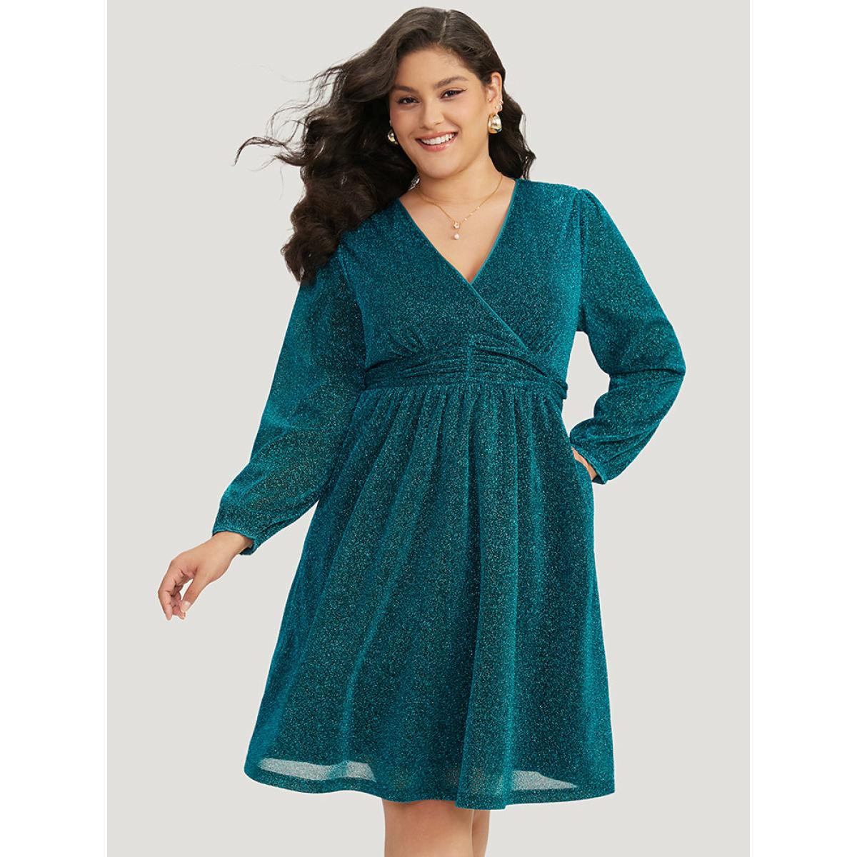 Plus Size Glitter Overlap Collar Pocket Ruched Dress Teal Women Elegant Elastic cuffs V-neck Long Sleeve Curvy Midi Dress BloomChic 22-24/3X Product Image
