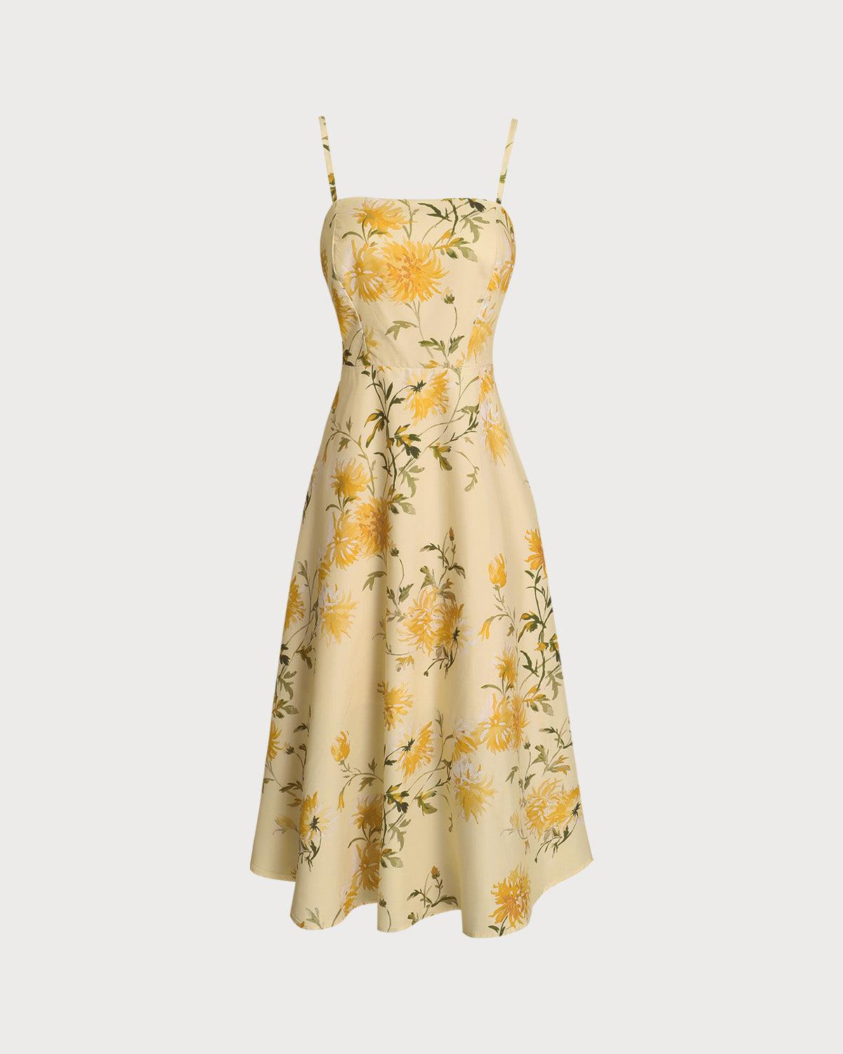 Yellow Floral Shirred Slip Midi Vacation Dress Product Image