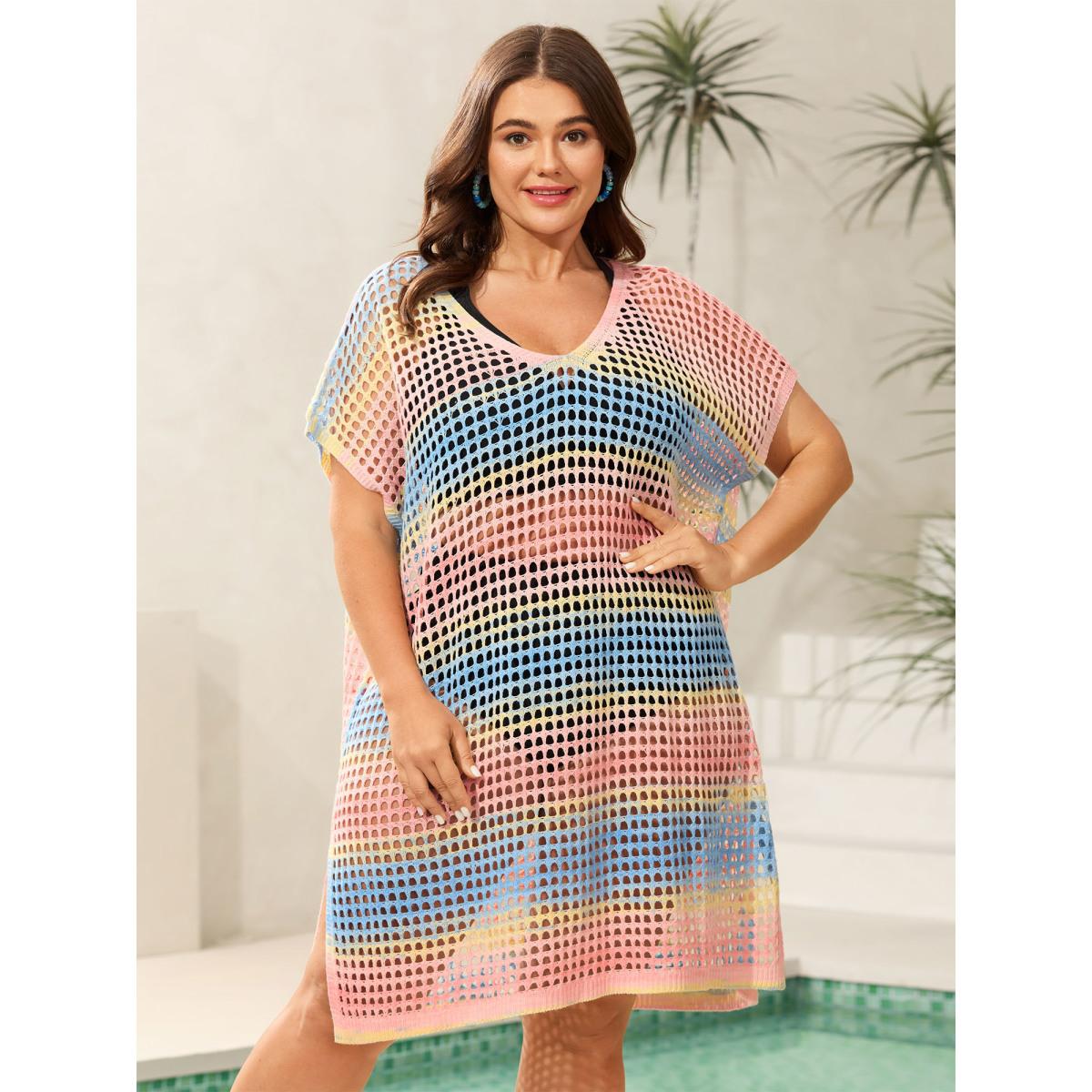 Plus Size Color Contrast Spliced Crochet Swim Cover-Up Women's Swimwear Multicolor Beach Loose Texture Curve Swim Cover Ups BloomChic 18-20/2X Product Image