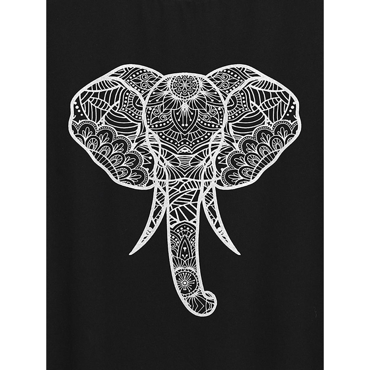 Plus Size Elephant Abstract Print Round Neck T-Shirt Black Women Non Animals Round Neck Casual T-shirts BloomChic 30/6X Product Image
