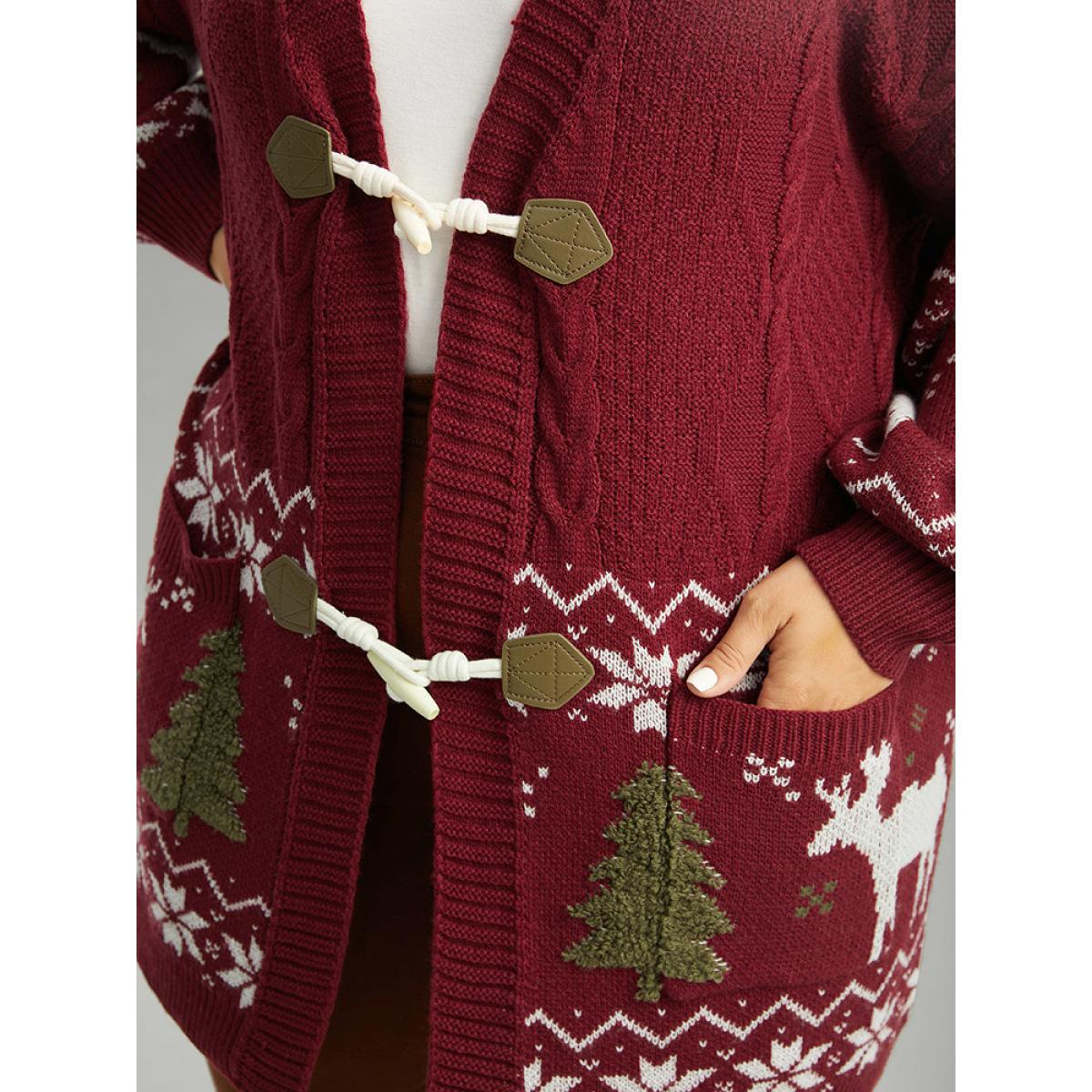 Plus Size Christmas Duffle Button Cable Knit Pocket Cardigan Scarlet Women Casual Loose Long Sleeve Festival-Halloween Cardigans BloomChic 30/6X Product Image