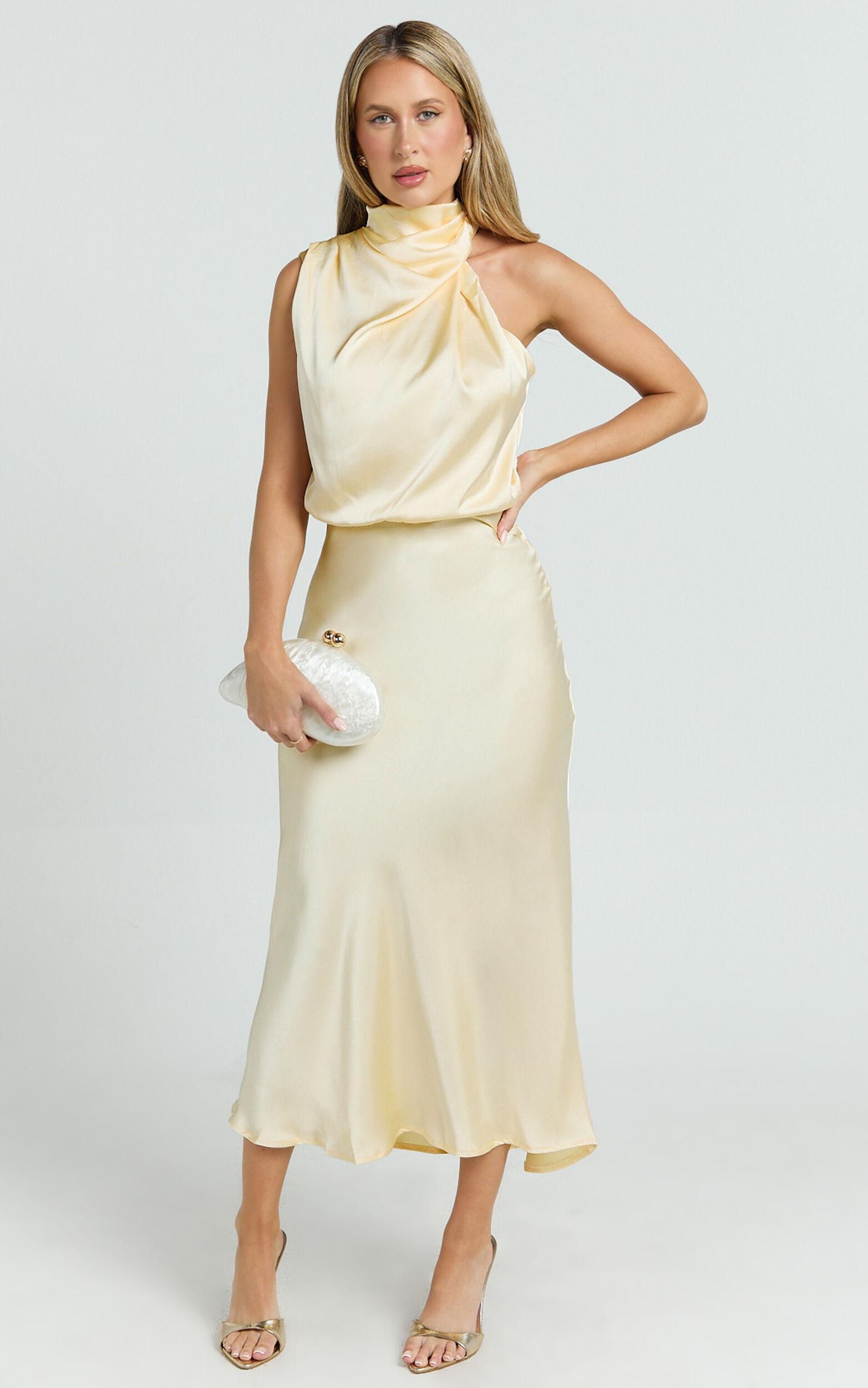 Minnie Midi Dress - Drape Neck Satin Slip Dress in Butter Yellow Product Image