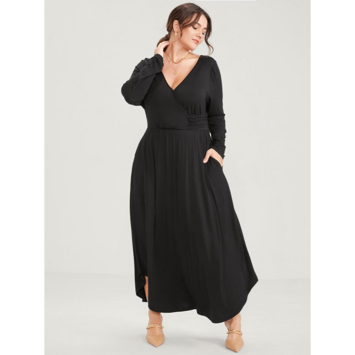 Plus Size Solid Pocket Button Elastic Waist Wrap Arc Hem Dress Black Women Elegant Arc Hem V-neck Long Sleeve Curvy Long Dress BloomChic 22-24/3X Product Image