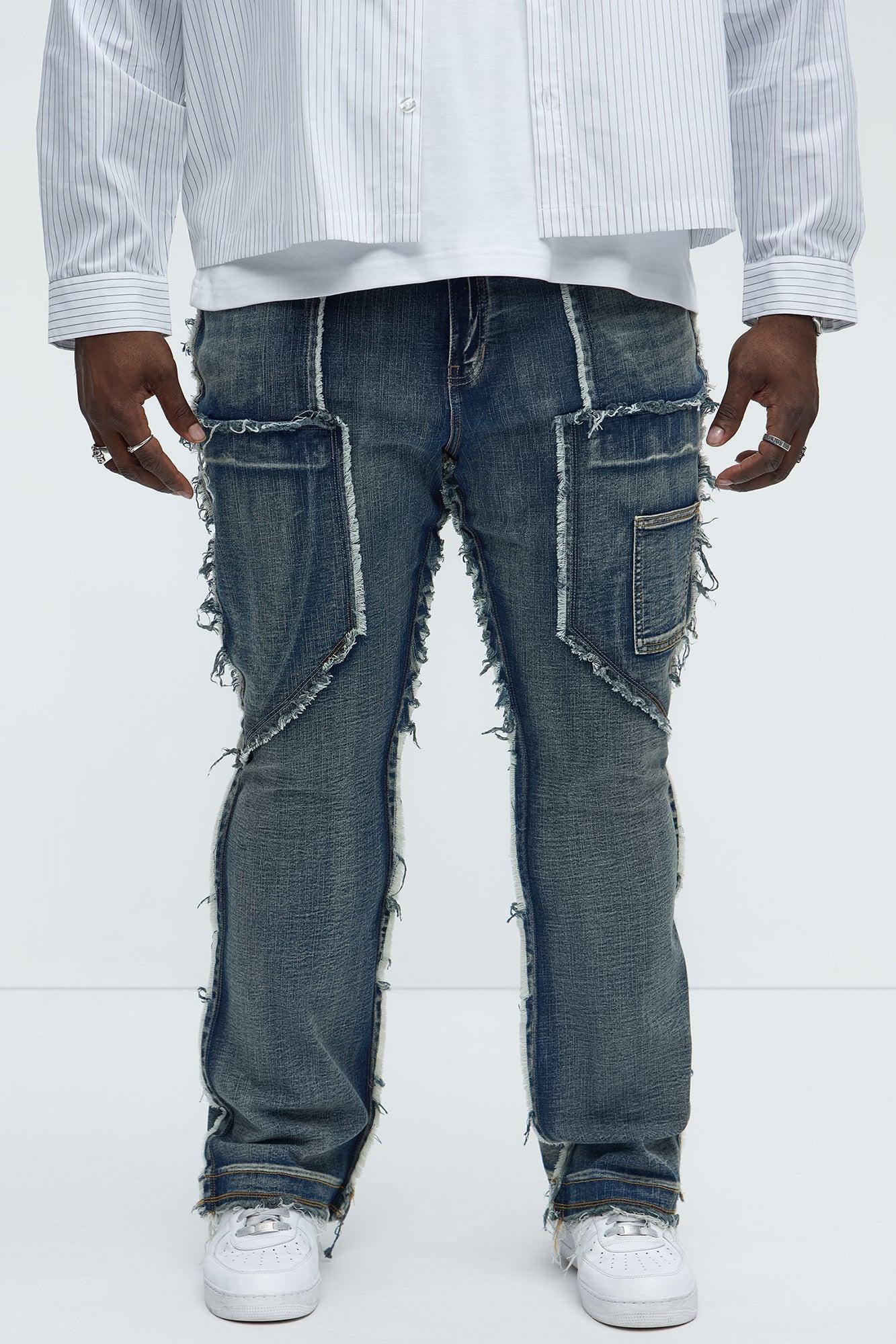 Diagonal Frayed Stacked Skinny Flare Jeans - Dark Wash Product Image