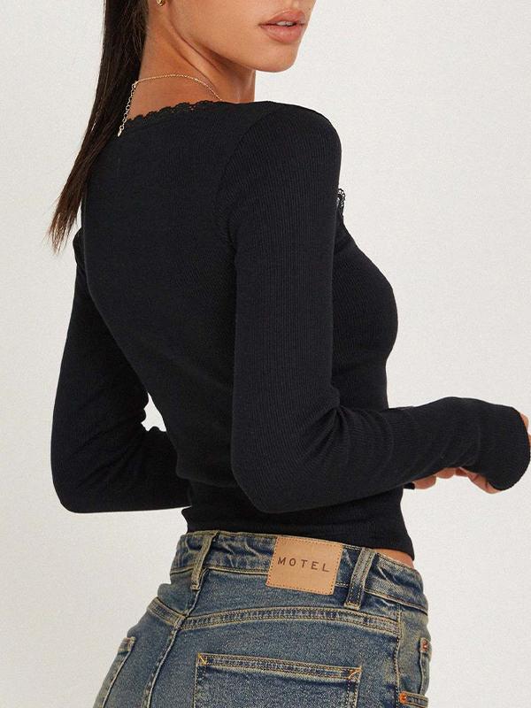 Solid Color U Neck Lace Trim Long Sleeve Knit Product Image