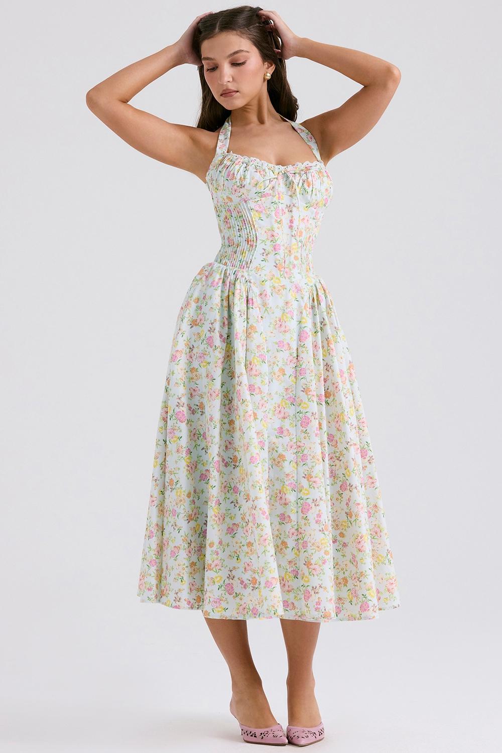 Adabella  pale blue meadow print cotton halter sundress Product Image